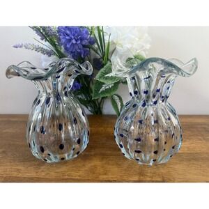 Hand-Blown Clear Glass Vase Pair Cobalt Blue Polka Dots Ruffled Rim Design Retro